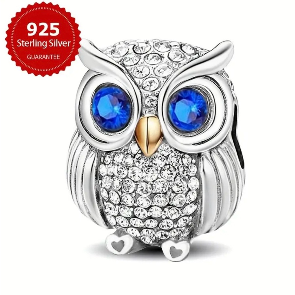 Sterling Silver 925 Owl Charm with Blue Gemstone Eyes